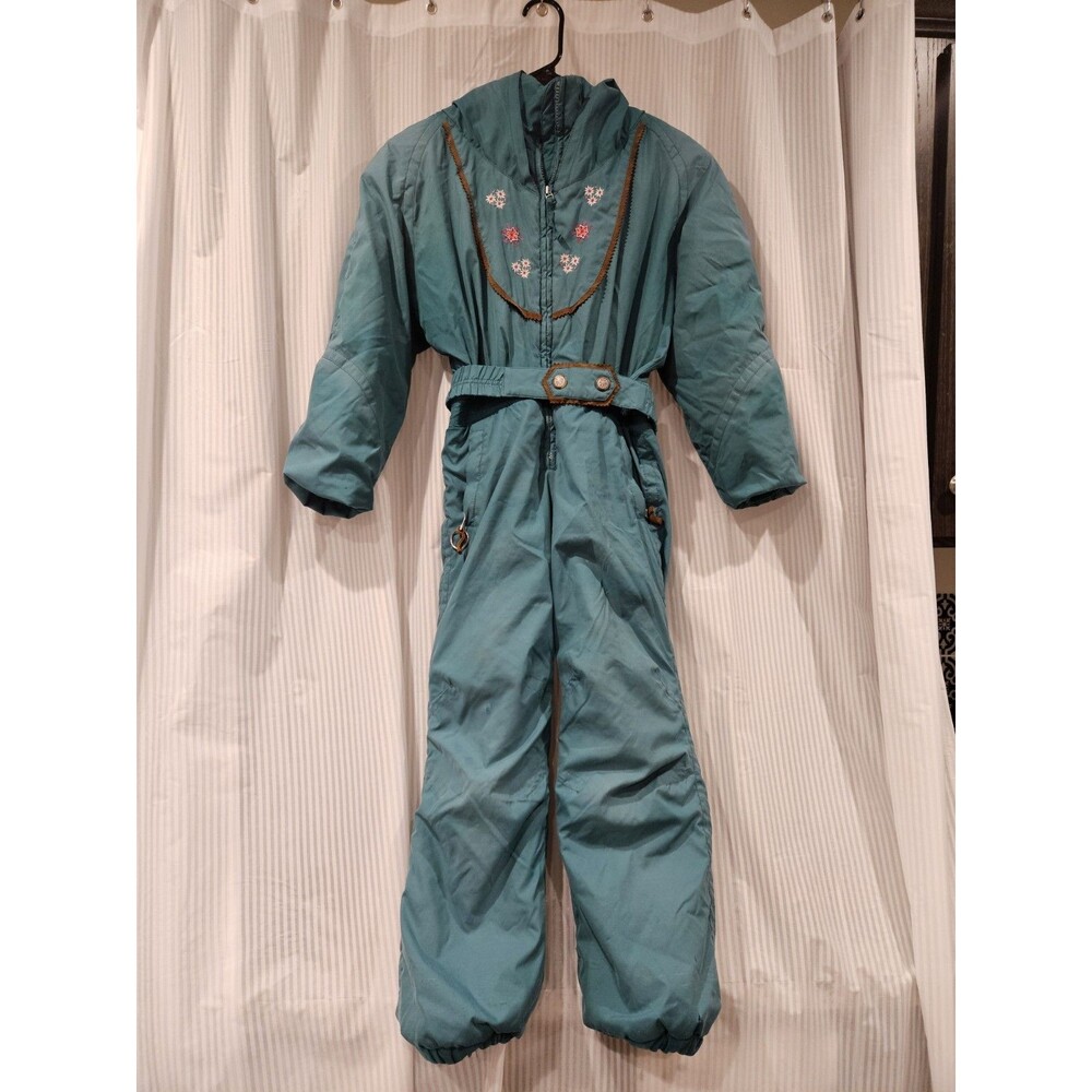 Obermeyer Girls Teal Vintage Retro Belted Embroidered Ski Snowsuit Size 8
